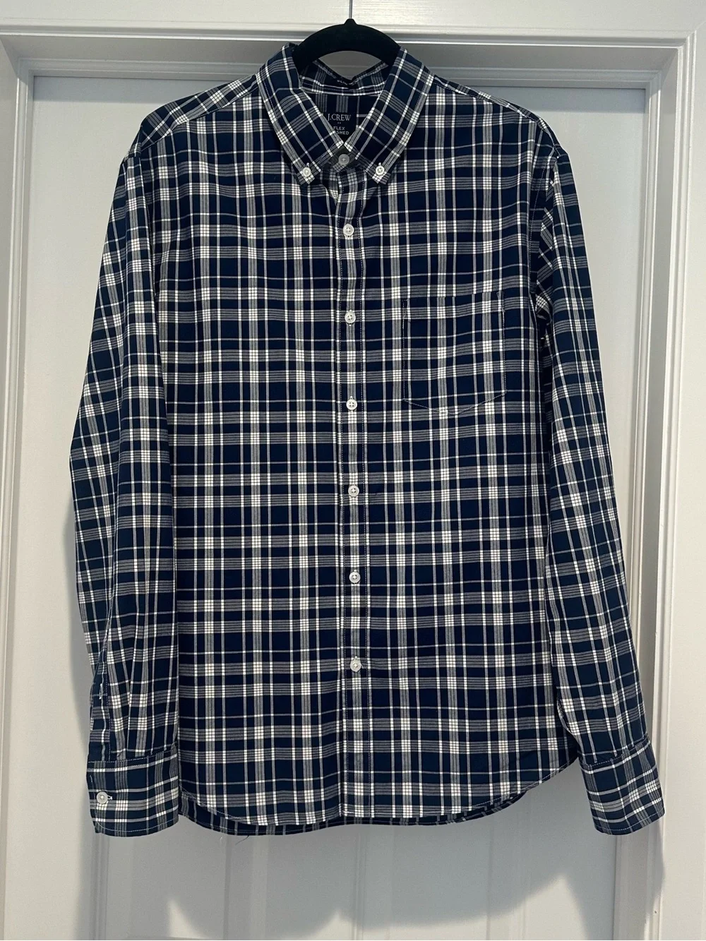 J. Crew Flex Washed Navy and White Tartan Plaid Button-Down Shirt Large Slim